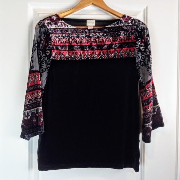 Chico's Black Red Velvet Burnout Sleeves Top - Picture 1 of 5